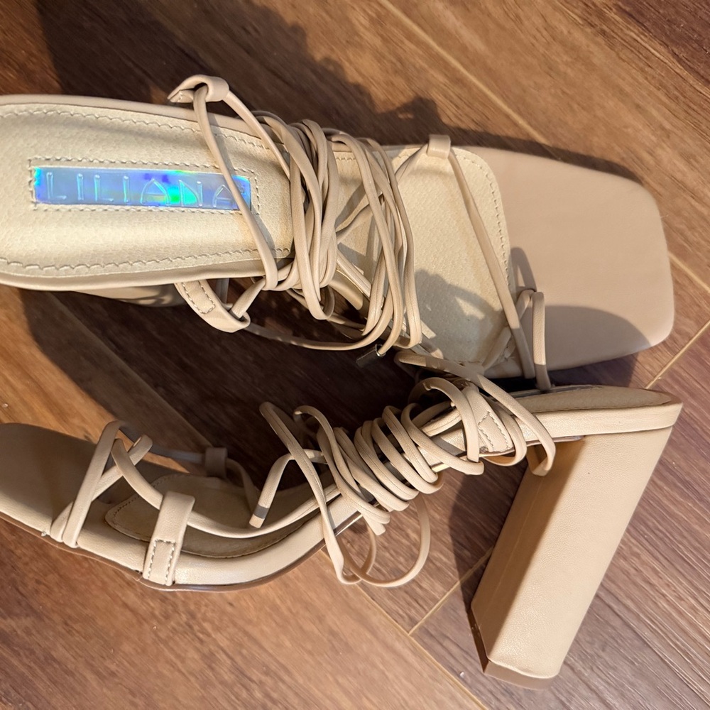 Elegant Beige Lace-Up Block Heel Sandals